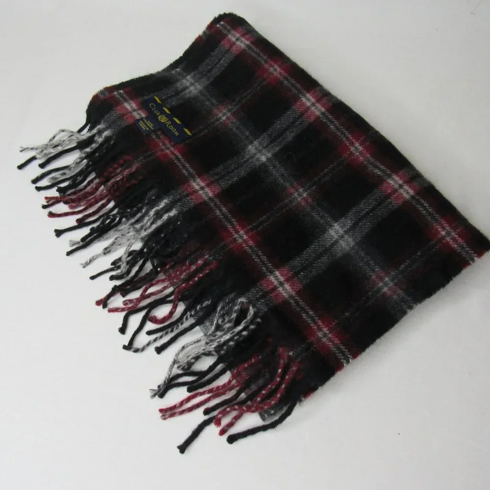 Club Room Black Red Check 100% Cashmere Scarf Fringe End